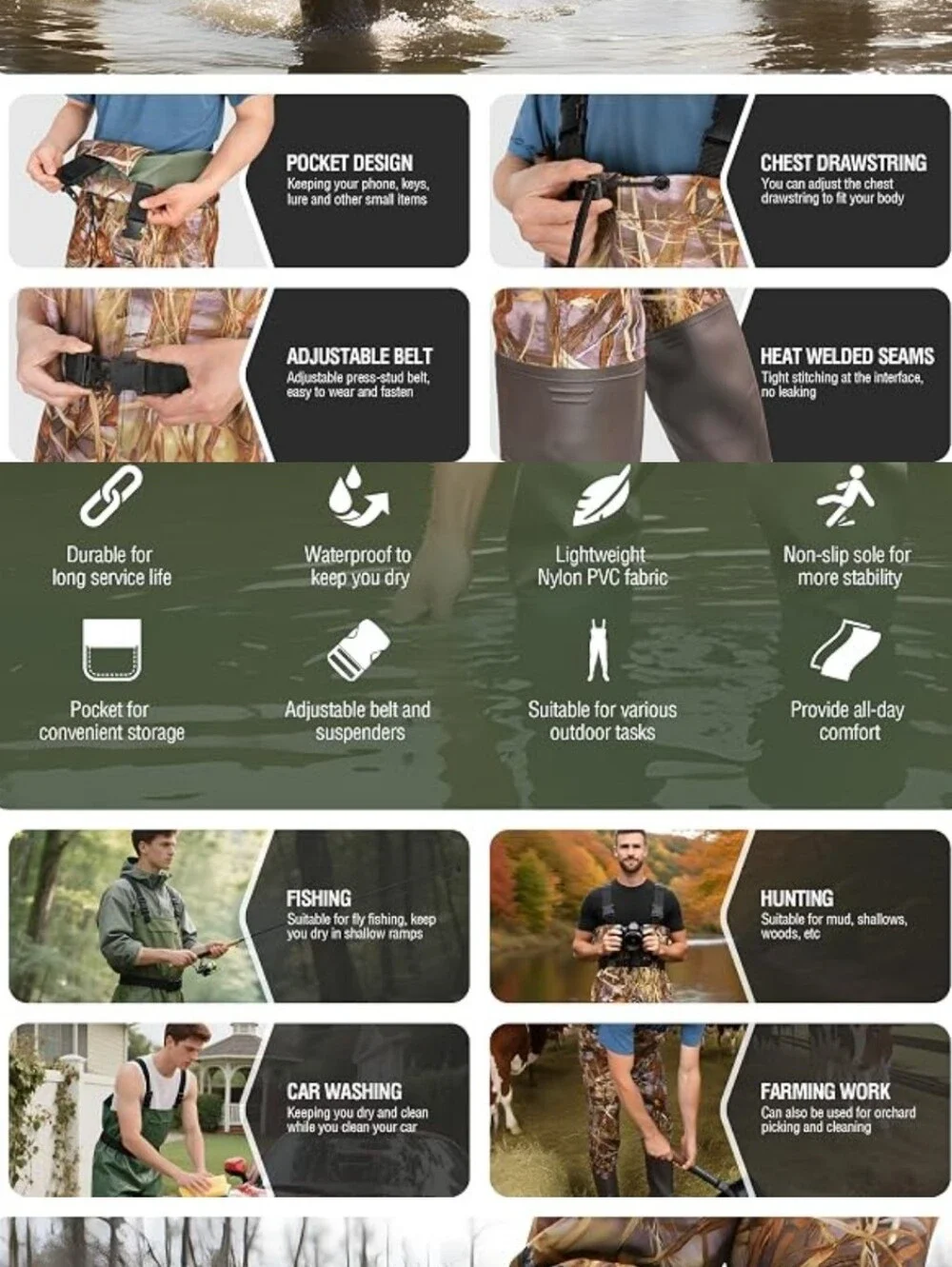 Waterproof Olive Green Nylon Chest Waders | Sz M7